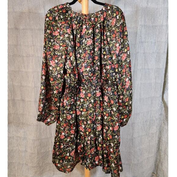 New Old Navy $50 XXL Blue Floral Shine Waist-Defined Boho Tie Neck Mini Dress - Picture 7 of 11